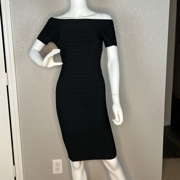 Herve Leger Size S Bandage Dress CARMEN” Black Off the Shoulder Knee Length - Picture 2 of 10